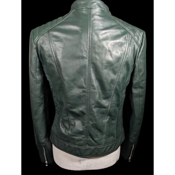 Corbani Green Quilted Shoulder Genuine Leather Moto Jacket Size Medium - Picture 2 of 13
